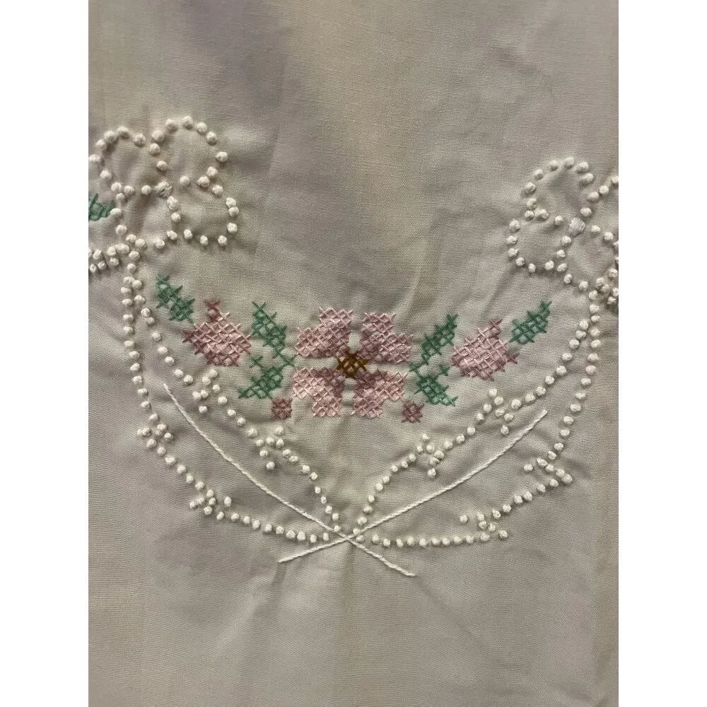 Vintage Cross Stitch Tablecloth Used Beige Mauve Green Pink